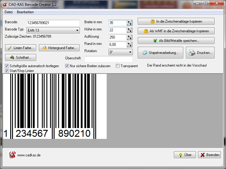 Screenshot vom Programm: Barcode Creator