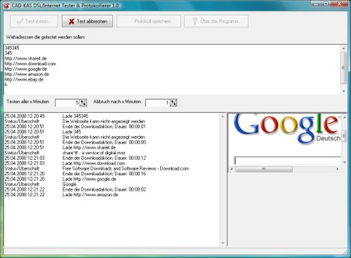 Screenshot vom Programm: DSL/Internet Tester &amp; Protokollierer